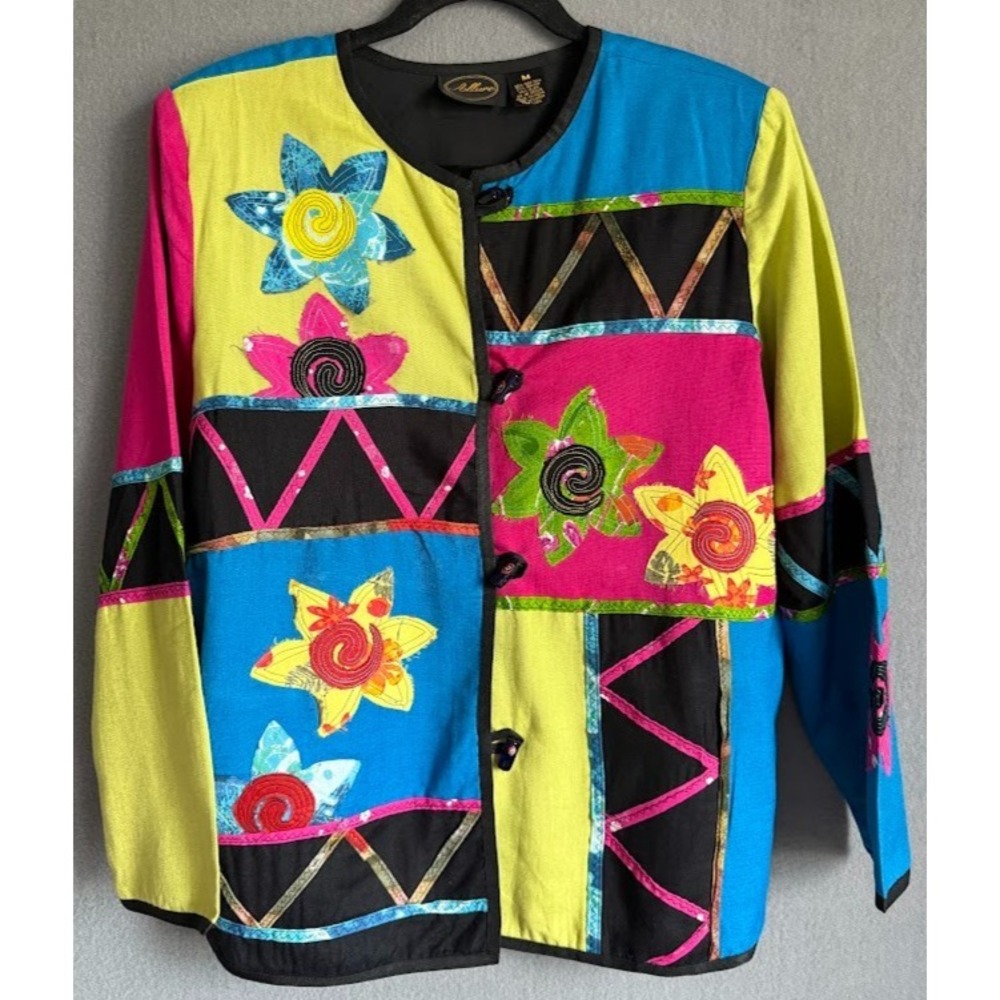 Allure Jacket Women M Multicolor Color Block Patchwork Boho Buttons Cotton Blend